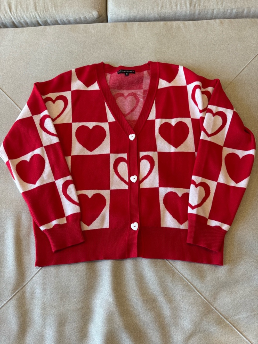 Women’s Red Heart-Print V-Neck Cardigan Sweater